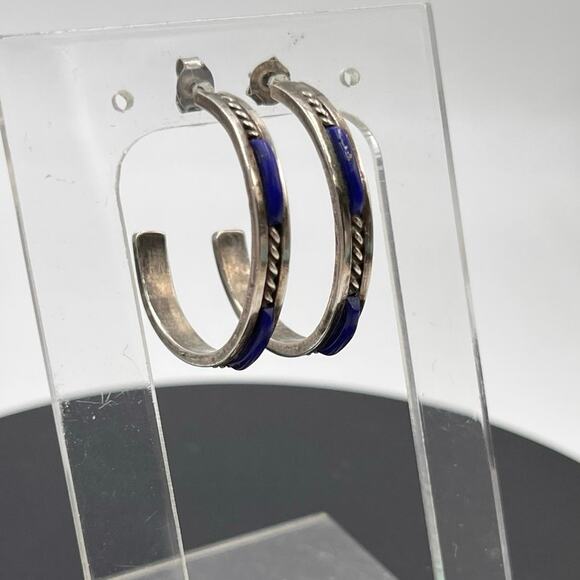 Blue Lapis Lazuli Inlay Vintage Sterling 925 Rope channel Hoop Pierced Earring - Picture 1 of 7